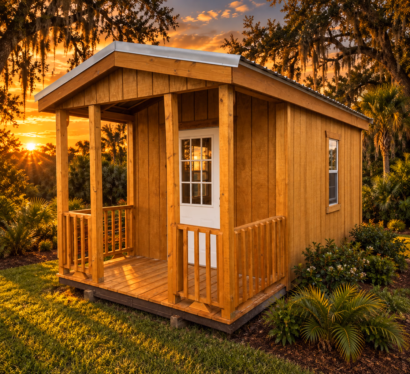 Natural wood porch shed
